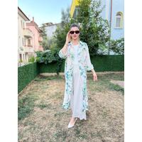 İthal %100 Keten Çiçek Desen Gömlek Elbise